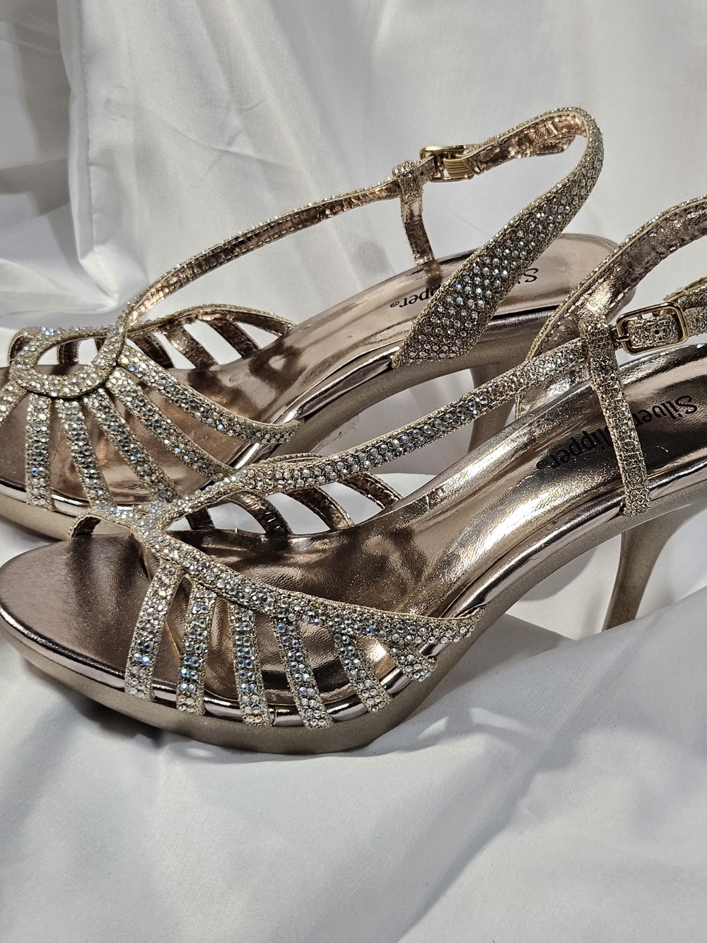 Silver Slipper Elsa Champagne Gold Rhinestone Strappy Formal Heels Size 8M